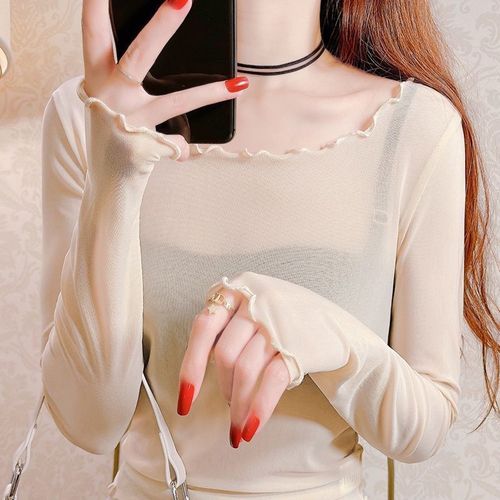 Women's Long Sleeve Autumn Thin Knit Lace Blouse with Round Neck, Close-Fitting Top with Edible Fungus Edge Mesh Grounding Shirt