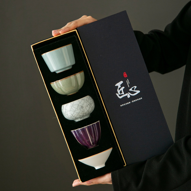 仿宋五大名窑品茗杯功夫茶具茶盏家用陶瓷茶杯主人杯套装礼盒装