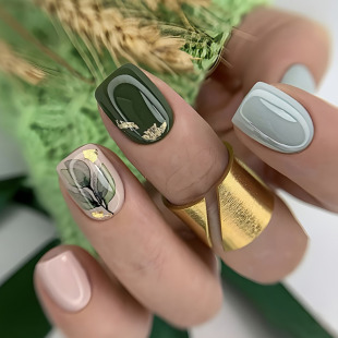 Cross-Border Hot-Selling Wearable Nails, Fresh and Gentle Green Floral Short Square Nails, Ins Nail Art Patches, Fake Nail Tips Wholesale