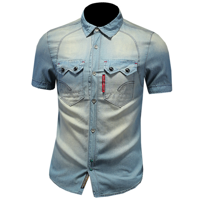 Camicia da uomo in denim lavato vintage, a maniche corte, con colletto risvoltato, stile vintage, per commercio estero europeo e americano, estiva._voghion.com
