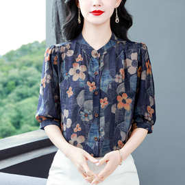 专柜印花桑蚕丝衬衫女2026夏季气质优雅中年妈妈时尚显瘦百搭衬衣