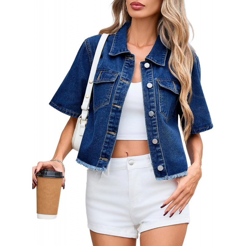 Cross-Border European Women's Short-Sleeve Denim Jacket 2026 Summer Frayed Hem Denim Short Casual Cardigan