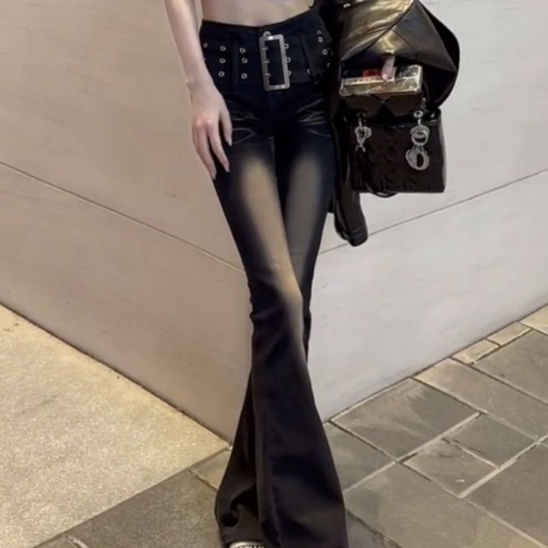 Daifa Retro Gradient Micro-flared Jeans Women's Autumn Design Sense American Style High Waist Stretch Slim-fit Pants