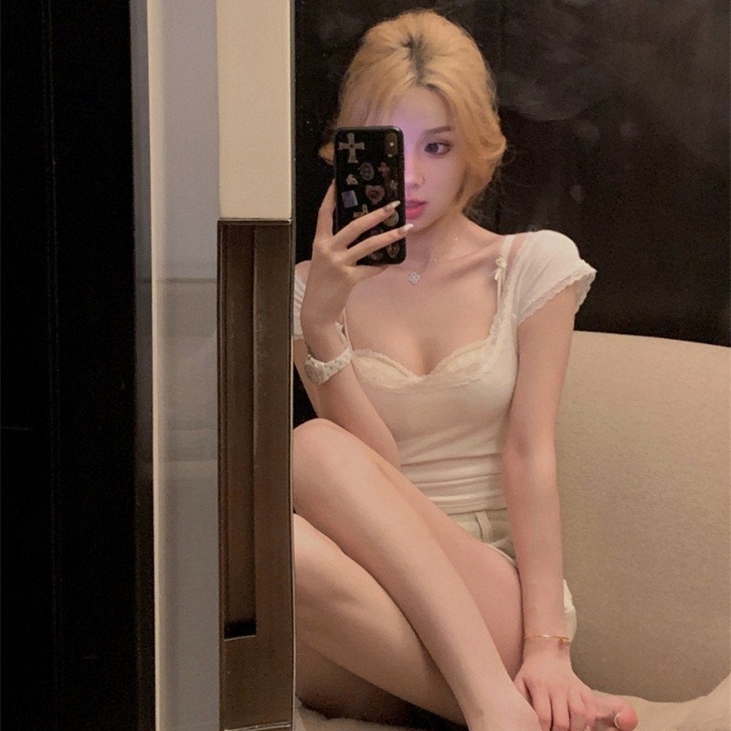 Cotton elastic white summer short T-shirt