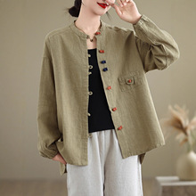 棉麻长袖衬衫外套女士春秋2025新款妈妈洋气宽松休闲亚麻开衫上衣