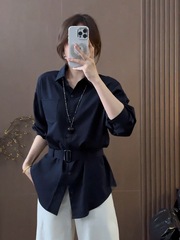大码胖mm韩系气质收腰设计感衬衫女秋季宽松遮肚子显瘦别致衬衣潮