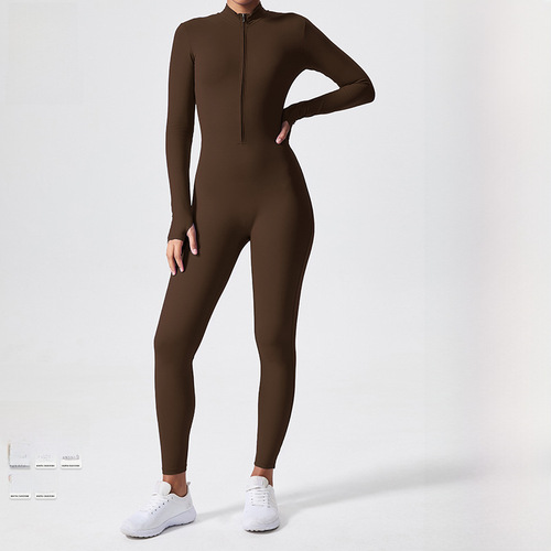 Cross-border long-sleeved outdoor sports one-piece fitness clothing zipper training tight hip-lifting sports one-piece yoga wear
