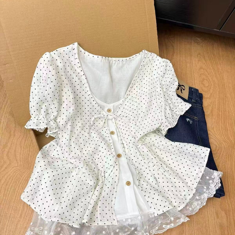 White Thin Polka Dot Faux Two-Piece Short-Sleeve Shirt for Women, Summer Lace Trim, Tie-Up Buttons, Puff Sleeve Top White Thin Polka Dot Faux Two-Piece Short-Sleeve Shirt for Women, Summer Lace Trim, Tie-Up Buttons, Puff Sleeve Top