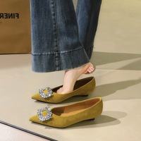 6300-K90 Korean Professional Slope Heel Low Heel Women's Shoes with Water Diamond Square Buckle Pointed Shallow Mouth High Grade Velvet Single Shoes for Women