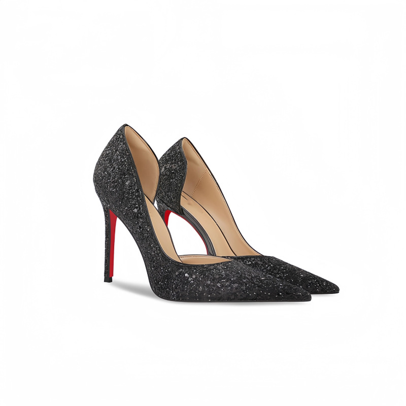 Extra Wide and Large Size Women's High Heels with Sequins, Red Sole, Side Cutouts, Thin Heels, Fashionable and Sexy, Full of Rhinestones, Sizes 41 to 44