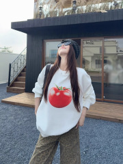 大码胖MM水果印花黑色长袖卫衣女秋季新款宽松休闲慵懒风无帽上衣