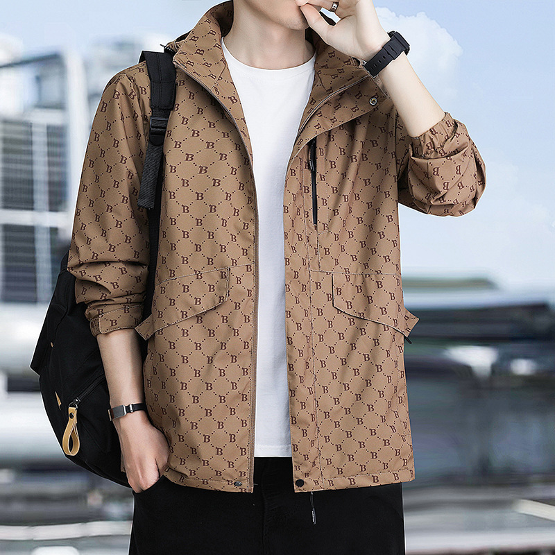 Chaqueta con capuz para hombres de otoño nuevo estilo juvenil coreano impresión completa chaqueta casual suelta impermeable