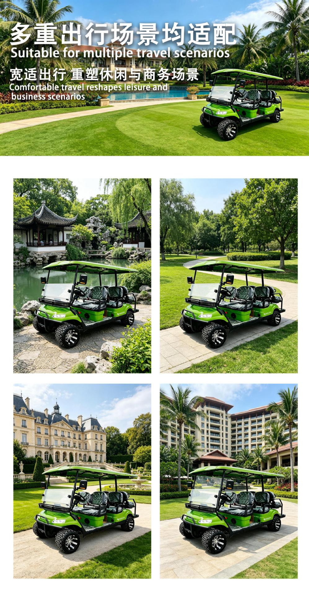 Long-range electric golf cart with 5-year warranty, fully certified for cross-border export as a three-row, six-seater sightseeing vehicle