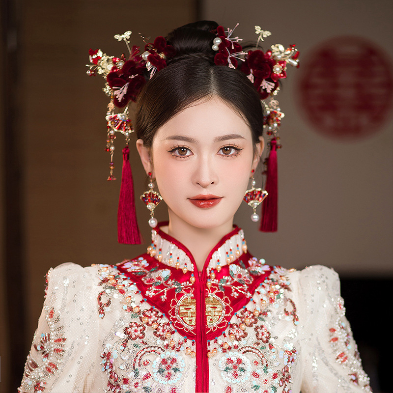 Joyería nupcial chino xiuhe ropa tocado estilo antiguo terciopelo rojo flor borla joyería de la boda brindis ropa Accesorios