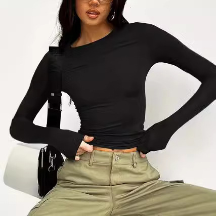 Autumn and Winter New European and American Women's Clothing, Amazon's Best-Selling Solid Color Casual Round Neck Long-Sleeved Basic T-Shirt