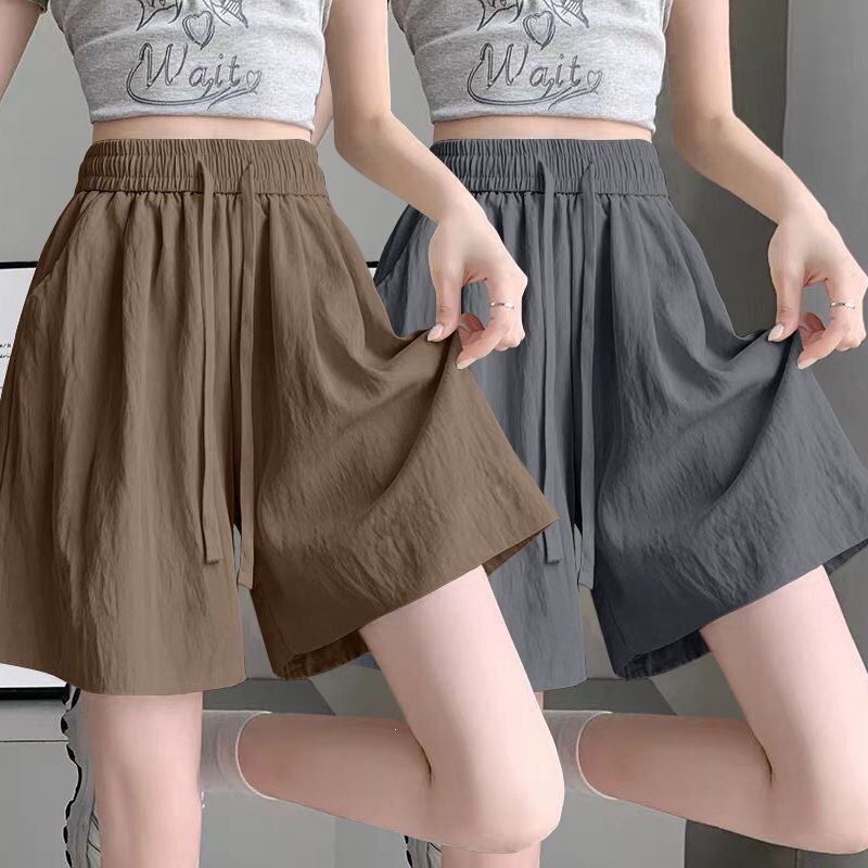 Single/Double Pack Women's High-Waisted Wide-Leg Shorts for Summer, Thin Straight-Leg Pants, Versatile Sports Drawstring Five-Point Shorts