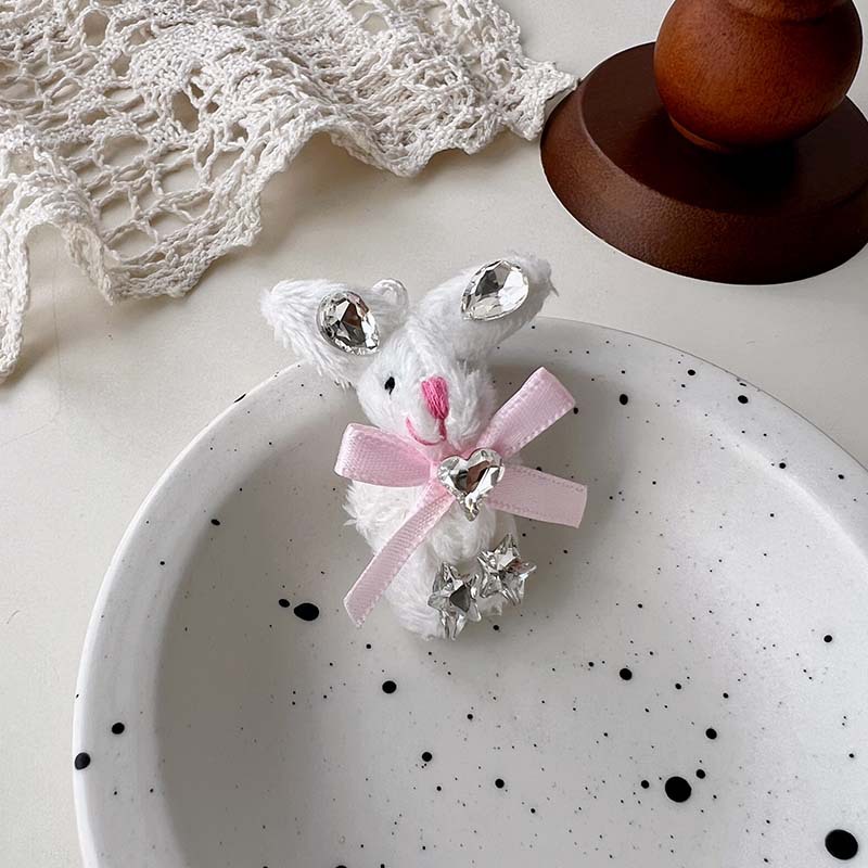 Ours et petit lapin ~ Broche mignonne en forme de cœur avec nœud papillon et strass, version coréenne_voghion.com