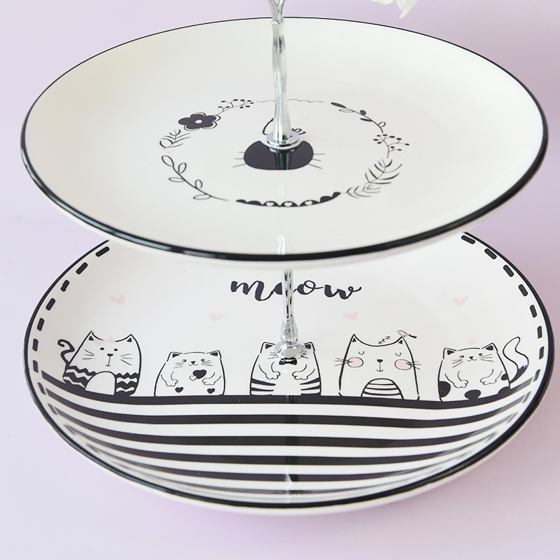 Placa de pastel de doble capa lindo gato de dibujos animados blanco y negro plato de postre diario gran mesa de comedor bola decoración social image 5