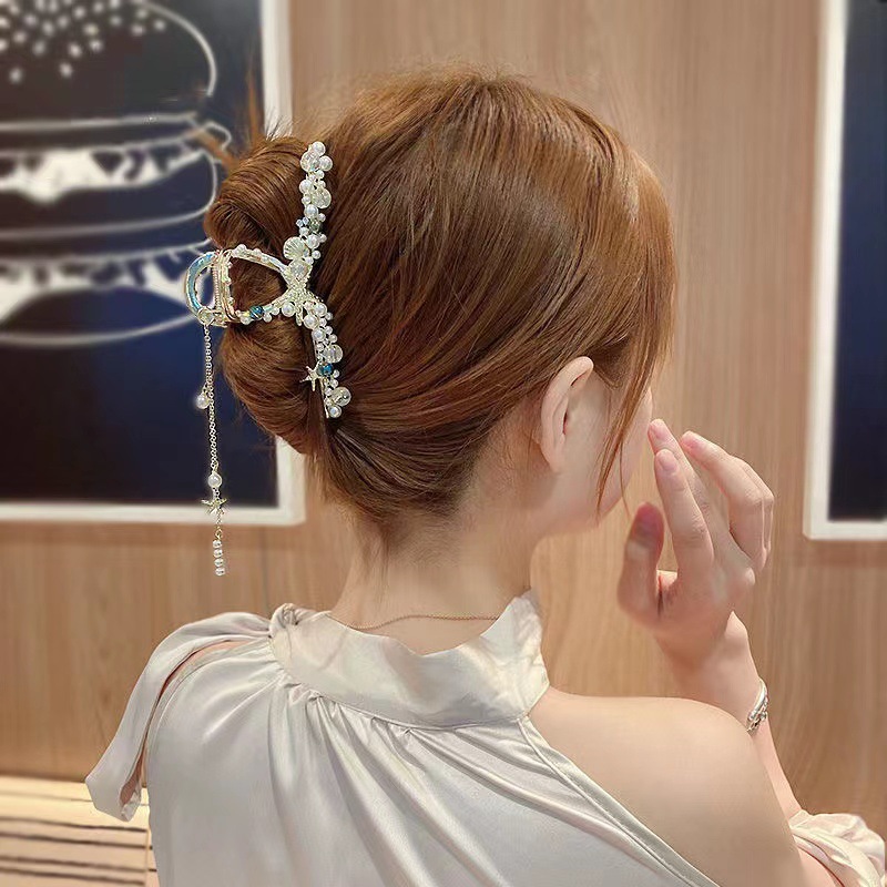 French Shark Clip Grab Clip Large 2023 Internet Celebrity Grab Clip Western Style Tassel Han Element Simple New Set Pendant