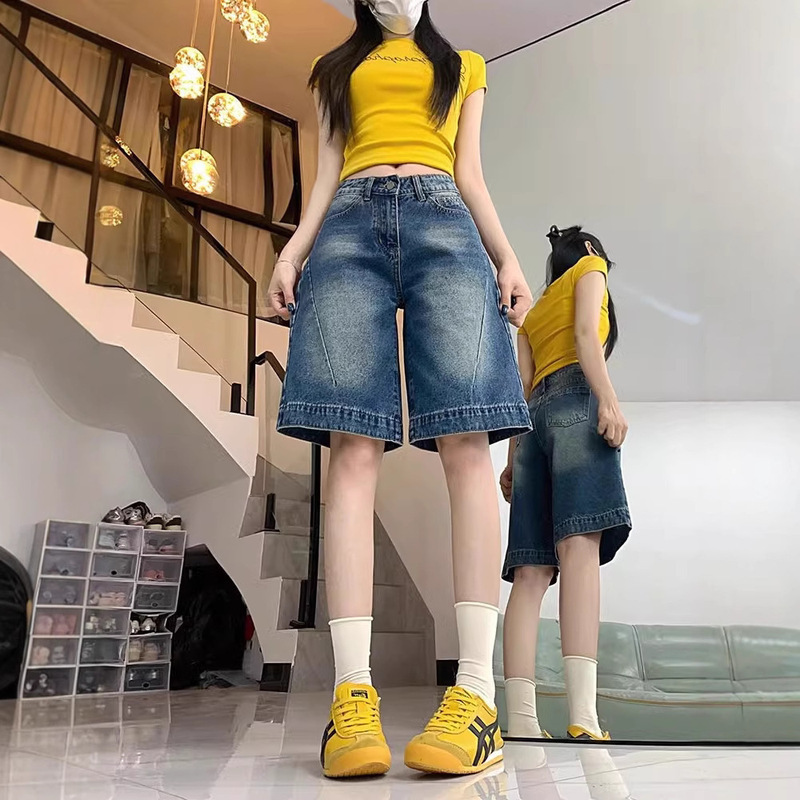 American Retro Wide-Leg Jeans for Women, 2025 Autumn New High-Waisted Slimming Petite Five-Point Straight Mid-Length Pants