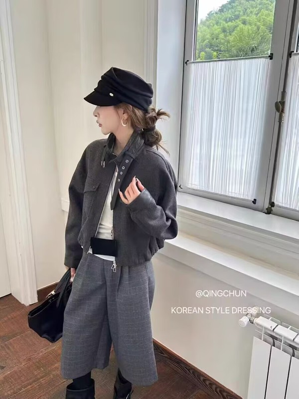 欧洲站设计感立领撞色拼接防羊毛呢外套女25秋季新款显瘦夹克上衣|undefined