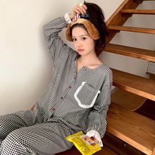 韩版春秋季新款蕾丝边格纹长袖长裤舒适休闲两件套装家居服睡衣女