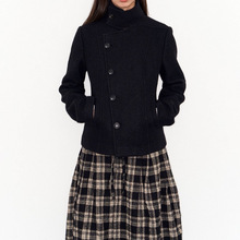 FROMTOF 羊毛修身显瘦短款立领黑色毛呢外套上衣女冬