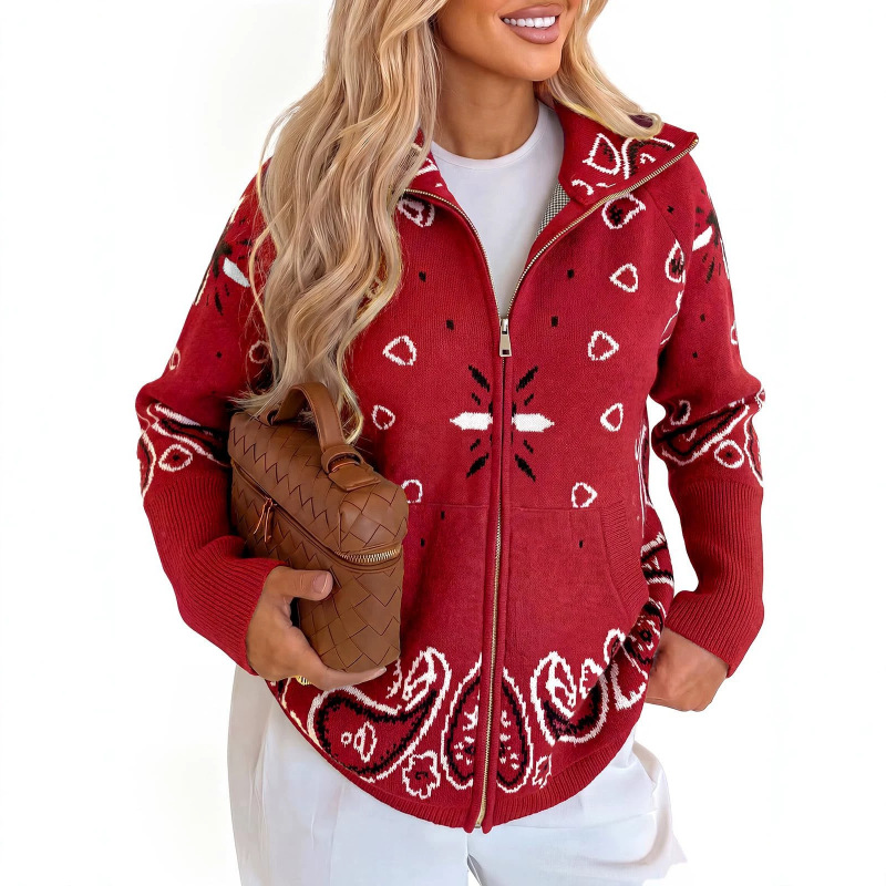 European and American cross-border women's jacquard knit zip-up cardigan, autumn and winter long-sleeve sweater, casual and versatile women's top European and American cross-border women's jacquard knit zip-up cardigan, autumn and winter long-sleeve sweater, casual and versatile women's top