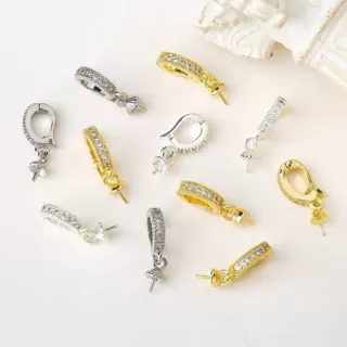 18K包金保色万能扣珍珠项链吊坠扣头带羊眼针空托手工diy饰品配件