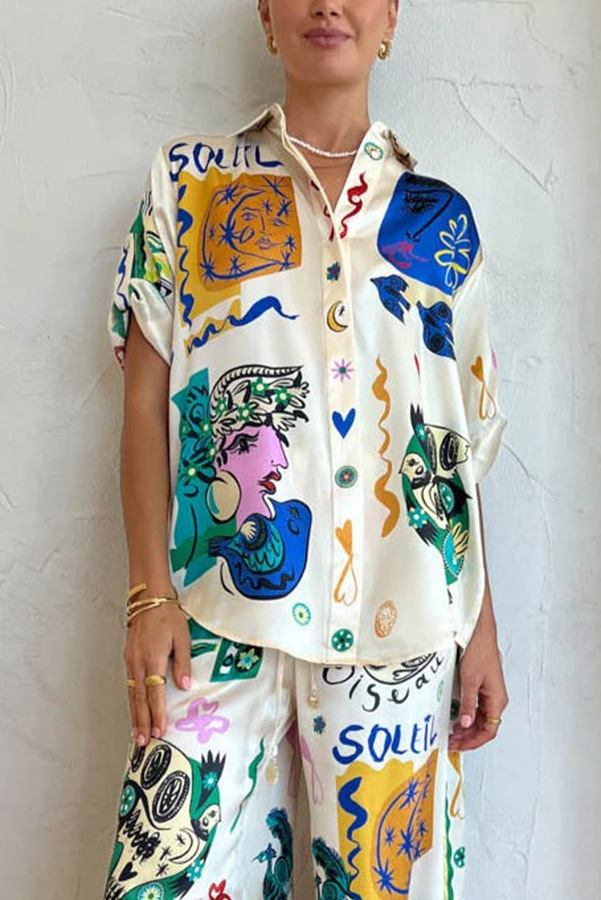 Summer Graffiti Printing Satin Short Sleeve Collared Shirt Trousers Casual Two Piece Suit Amplified craft