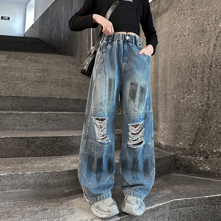 Spot Spring New Paint Style Hole Girls Fashion Children's Miscellaneous European And American Jeans Denim Loose Pants_viptrois.com