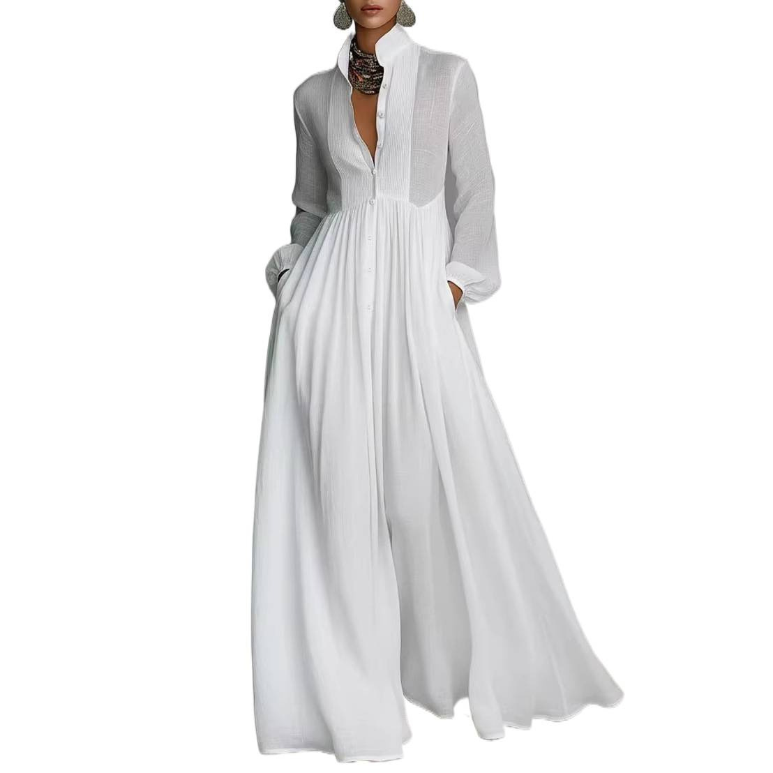Women's Long Sleeved Pleated Dress Waist Cinching Slimming French Elegant Retro Casual Vacation_ecoleips.com
