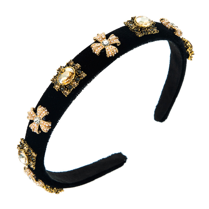 Retro Cross Gemstone Inlaid Velvet Headband Hair Accessories Fine-sided Baroque Headband display picture 8