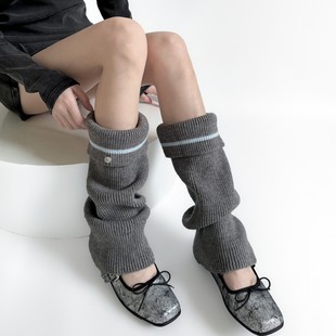 Autumn and Winter Warm Niche Design Sense Heap Knitted Leg Cover Women's Turn-up Striped Metal Buckle Cool Vasser Style Stacked Socks Cover