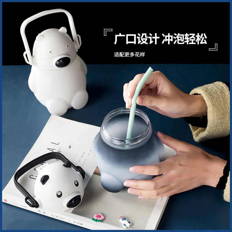 杯便携儿童双饮吸管杯塑料杯大白熊杯子背带杯奶茶杯大容量便携式