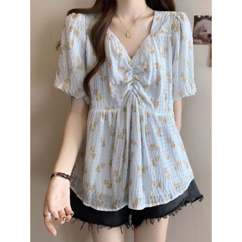 French-Style Floral Chiffon Short-Sleeved Shirt, New Summer Style, Large Size, Loose Fit, Slimming, Covering the Body, Blouse Top French-Style Floral Chiffon Short-Sleeved Shirt, New Summer Style, Large Size, Loose Fit, Slimming, Covering the Body, Blouse Top