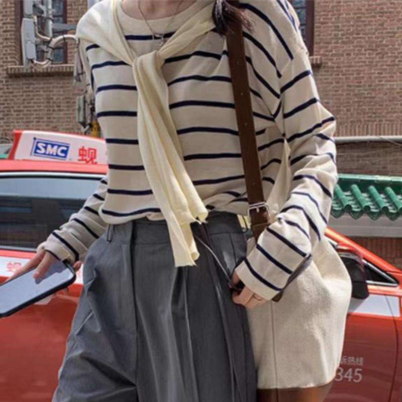 秋冬2025年上衣设计感打底衫韩系圆领条纹长袖t恤女加披肩两件套|undefined