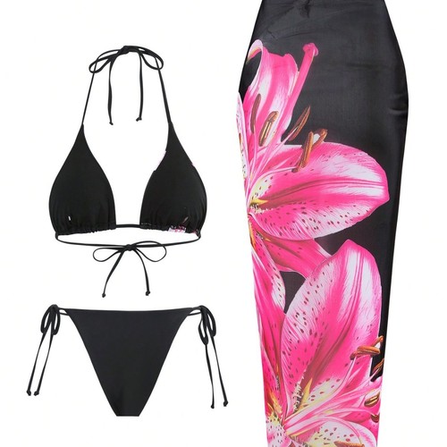 European and American style sexy printed three-piece swimsuit, charming Lily fixed edition printed design