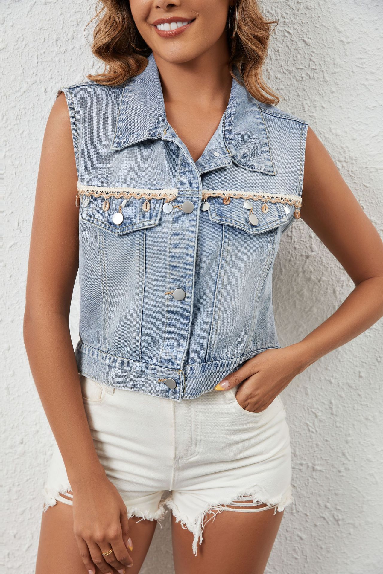 Amazon Europa y América Comercio exterior transfronterizo Moda femenina Casual con borlas Chaleco corto de mezclilla de un solo pecho 062