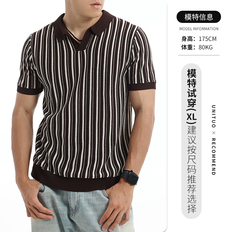 Vintage americano de punto hombre camisa de polo de hielo de manga corta con texturas verticales blindaje de cuello de verano casual hombre