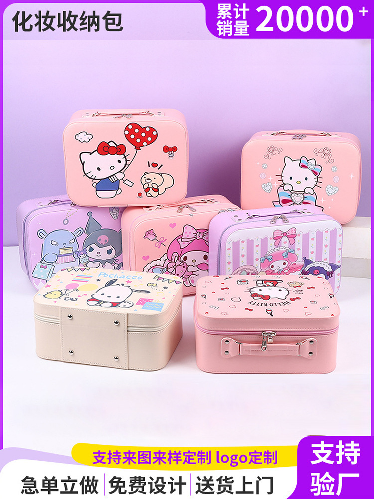 Bolsa de maquillaje infantil con dibujos animados, linda, de Sanrio, portátil para viaje, de gran capacidad, con espejo, caja de almacenamiento de cosméticos.
