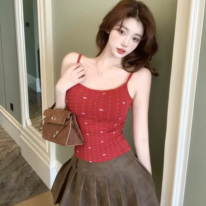 Women's Red Christmas Summer New Sweet Style Camisole with Fixed Chest Pads, Slim Fit