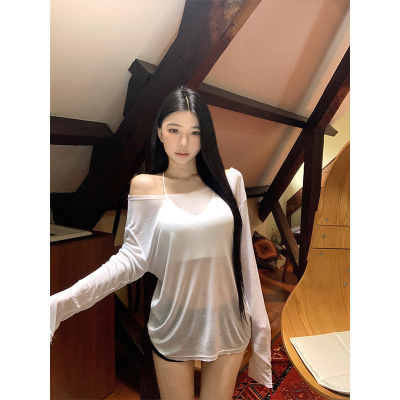 Cross-Border Chiffon Slightly Sheer Large Round Neck Long-Sleeve T-Shirt for Women 2026 Summer New Style Spicy Girl Diagonal Neck Off-Shoulder Sun Protection Cover-Up
