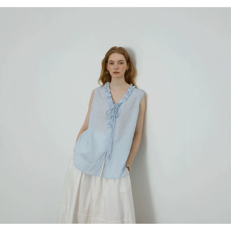 Reversible 100% Lyocell Handmade Ruffled V-Neck Tie Short-Sleeve Vest Top from the Source Manufacturer