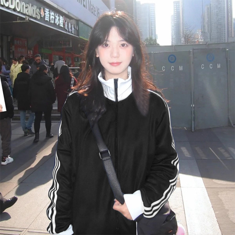 黑色三条杠外套女棒球服韩系早秋季穿搭秋装女款立领夹克运动上衣|undefined