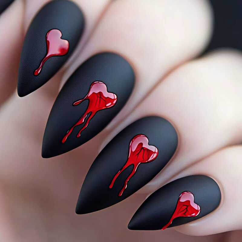 Valentine's Day Nail Art Black Matte Nail Stickers Red Heart Almond-Shaped Fake Nails Red Blood Drop Nail Pieces Valentine's Day Nail Art Black Matte Nail Stickers Red Heart Almond-Shaped Fake Nails Red Blood Drop Nail Pieces