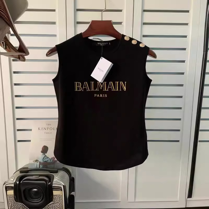 25 Spring and Summer New Balmain Sleeveless Hot Stamping Shoulder Gold Buckle Vest Arc Hem T-Shirt