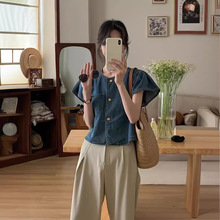 韩系小飞袖牛仔短袖衬衫女装夏季2024新款宽松显瘦设计感上衣潮