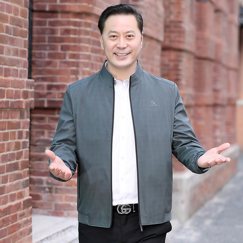 [Antiarrugas a prueba de viento] chaqueta de primavera y otoño de los hombres para padres de mediana edad y ancianos chaqueta de cuello alto de negocios de primavera delgada