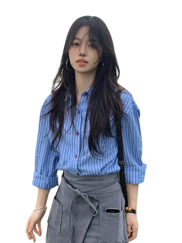 蓝色条纹衬衫2025年新款秋季女装法式气质宽松高级感内搭长袖上衣|undefined